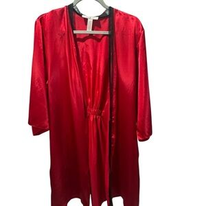 Vintage Oscar de la Renta Pink Label Red Satin Robe with Black Trim